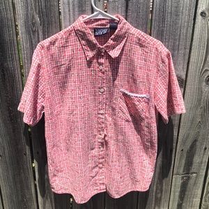 Blassport Pink White Gingham Floral Button Down Short Sleeve Top